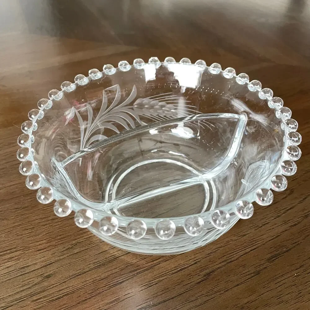 Imperial Candlewick Divided Etched Glass Bowl Bead Edge Wheat Serving Elegant
